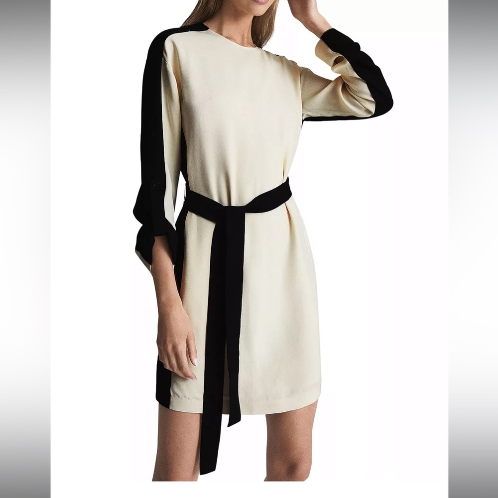 Reiss Cream and Black Long Sleeve Dress - Size 0